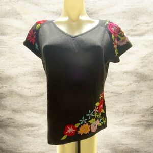* embroidered top medium Colorful Floral cap sleeve V neck line black top